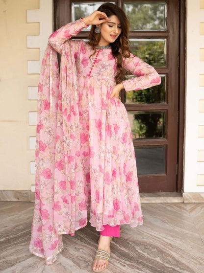 Peach floral printed anarkali suit