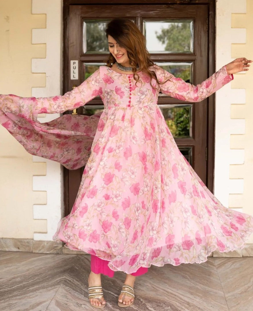 Peach floral printed anarkali suit