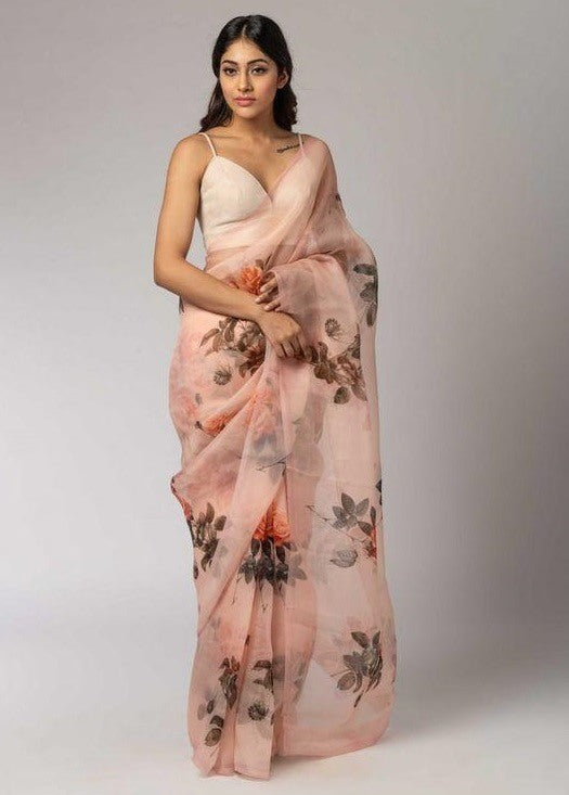 Peach flower printed organza saree