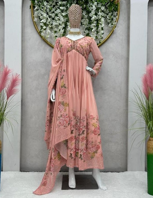 Peach georgette handwork alia cut kurti