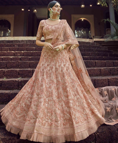 Peach georgette sequence and resham work bridal lehenga choli