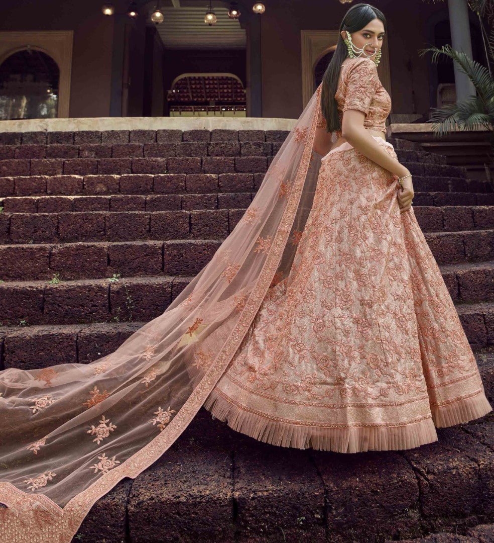 Peach georgette sequence and resham work bridal lehenga choli