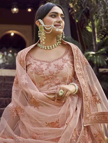 Peach georgette sequence and resham work bridal lehenga choli