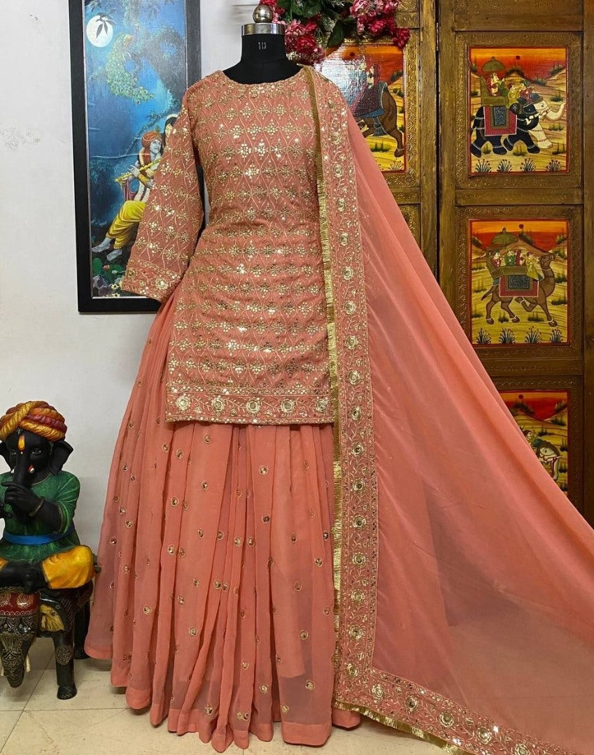 Peach georgette sequence thread work lehenga suit