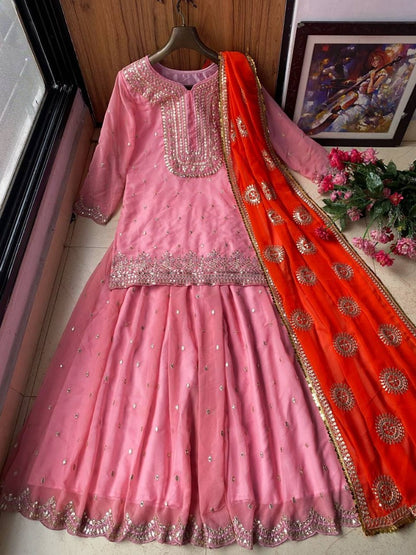 Peach georgette sequence work sharara suit