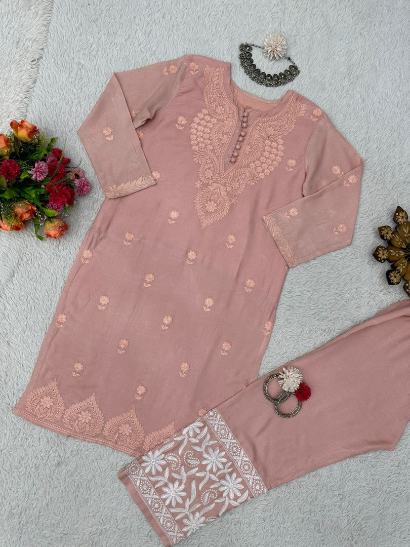 Peach muslin thread work pant suit