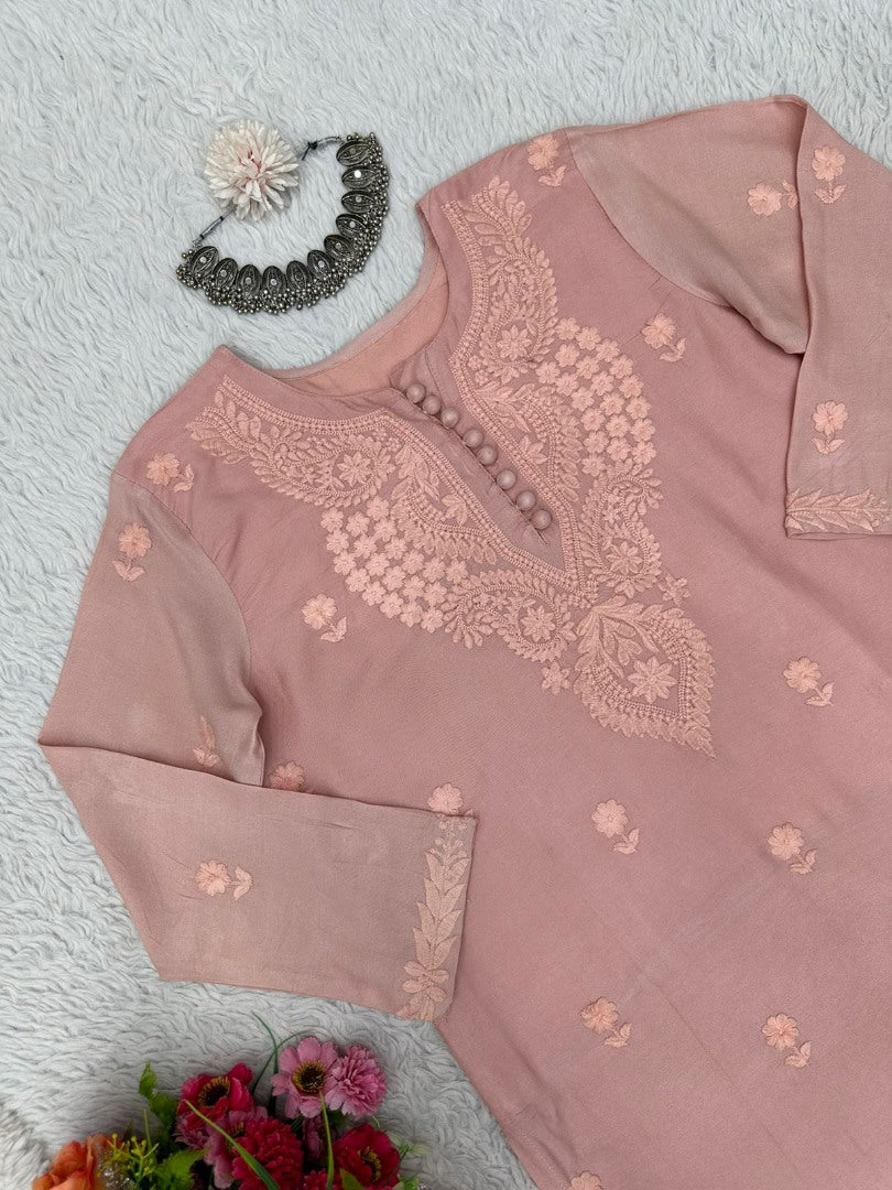 Peach muslin thread work pant suit