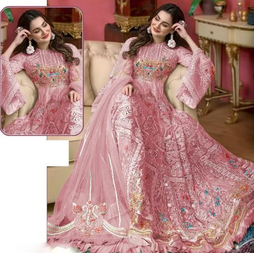 Peach Net embroidery work Pakistani Suit