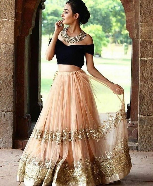 peach net sequence embroidered partywear lehenga