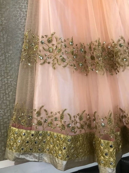 peach net sequence embroidered partywear lehenga