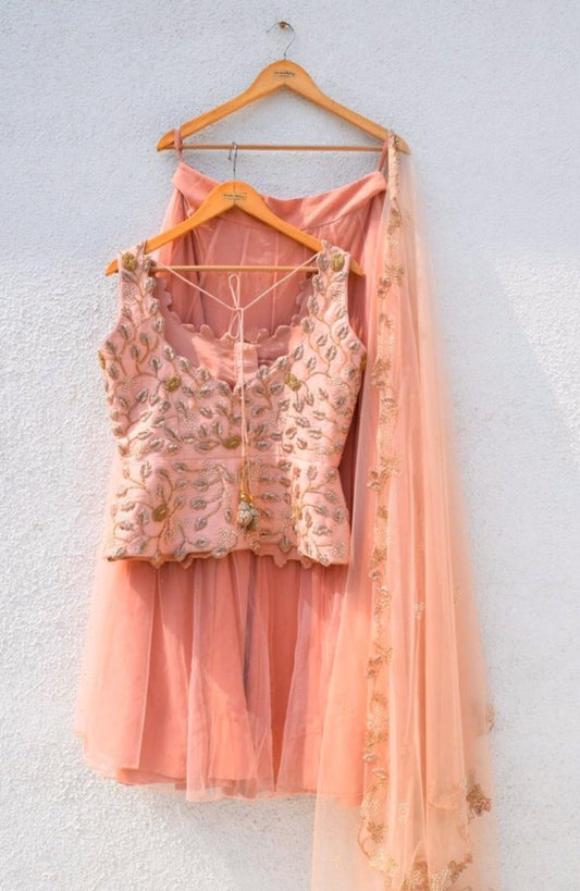 Peach net zari and thread embroidered lehenga choli