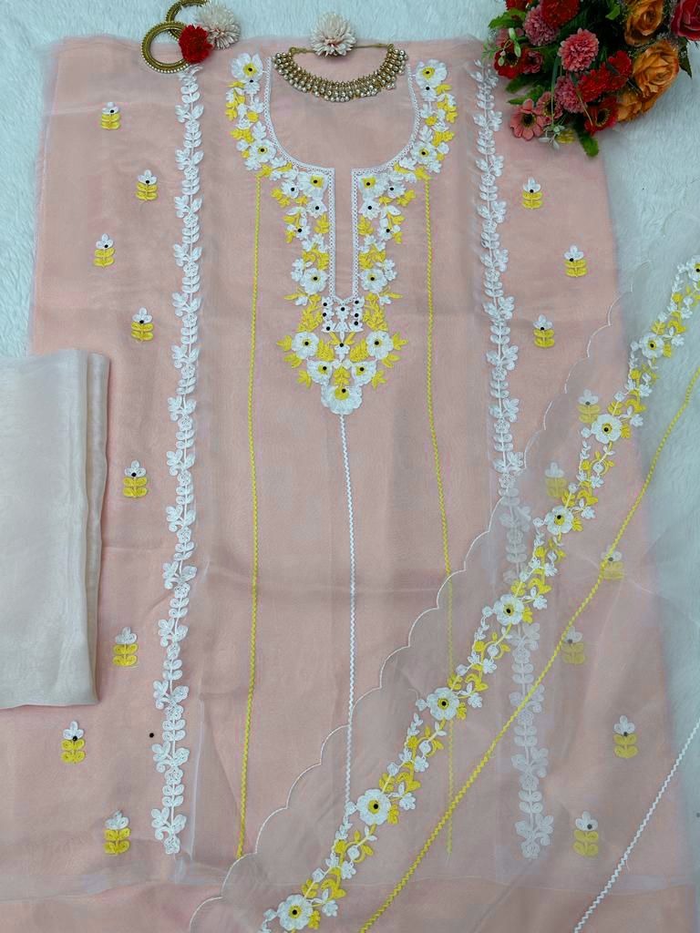 Peach organza chain stitch work pant suit