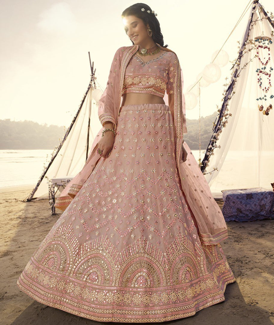 Peach organza thread, foil & mirror work bridal lehenga choli