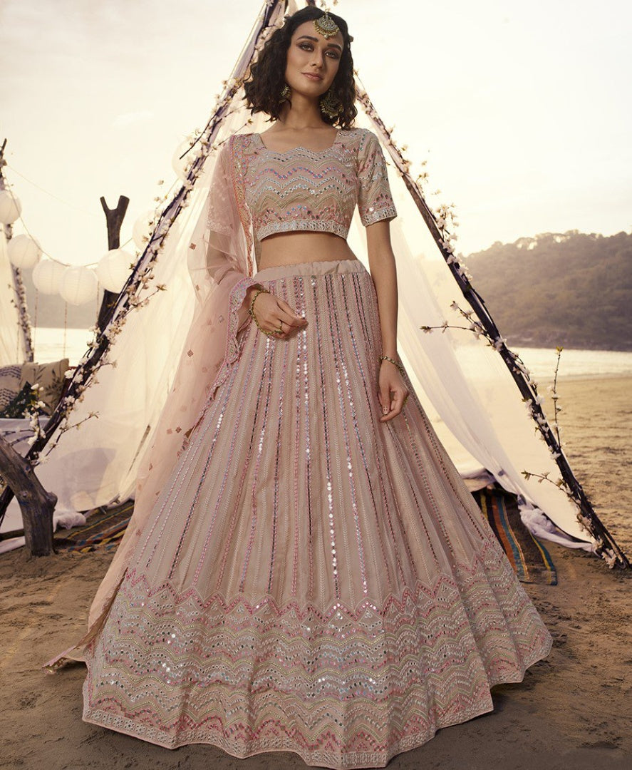 Peach organza thread, foil & mirror work bridal lehenga choli