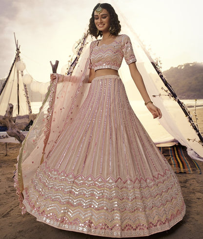 Peach organza thread, foil & mirror work bridal lehenga choli