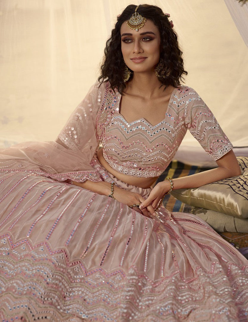 Peach organza thread, foil & mirror work bridal lehenga choli