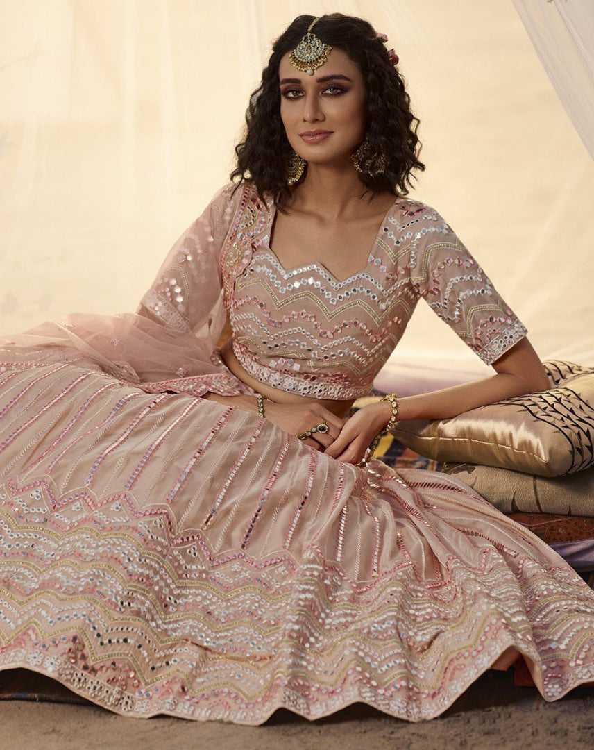 Peach organza thread, foil & mirror work bridal lehenga choli