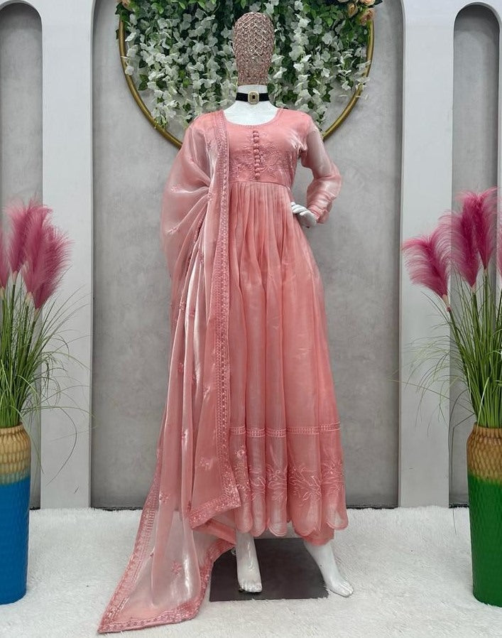 Peach organza thread work anarkali suit