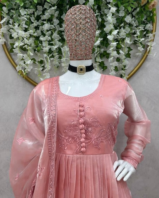 Peach organza thread work anarkali suit