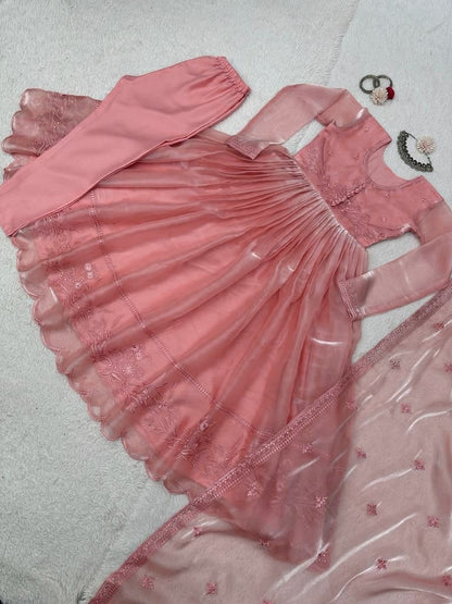 Peach organza thread work anarkali suit