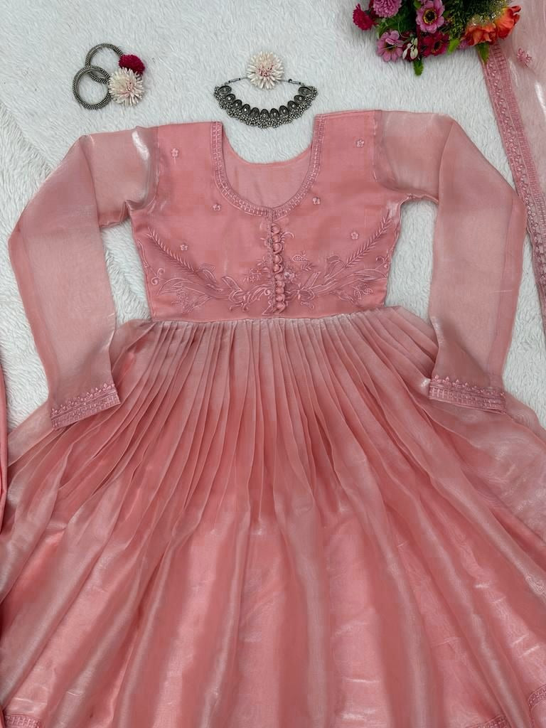 Peach organza thread work anarkali suit