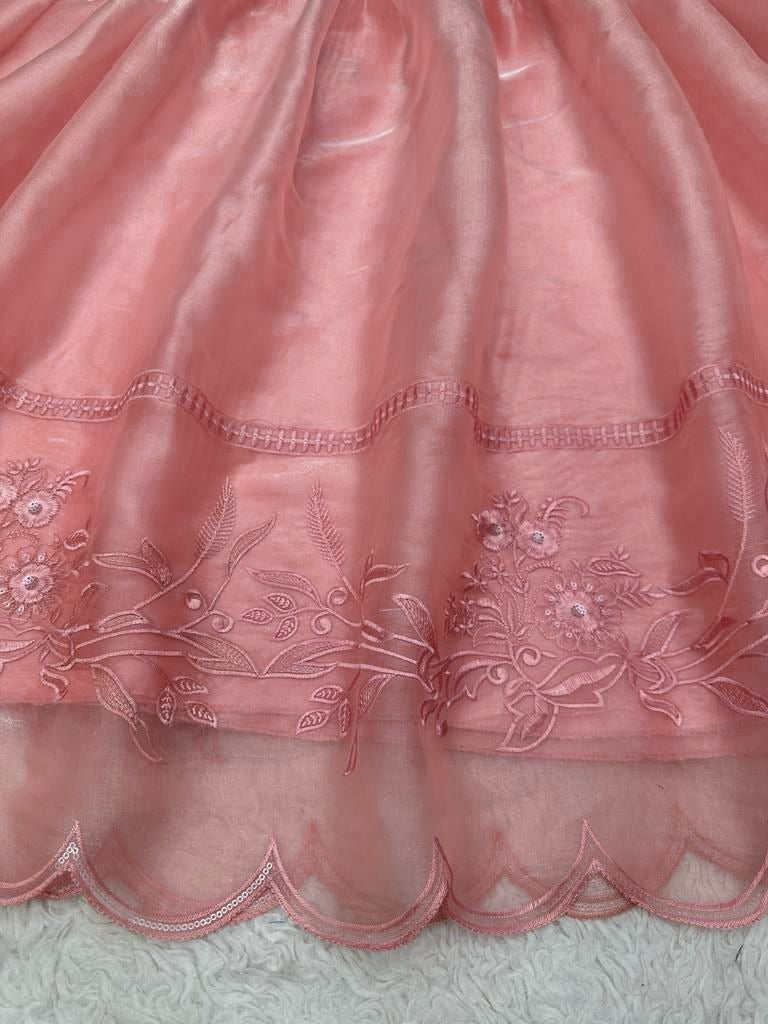 Peach organza thread work anarkali suit