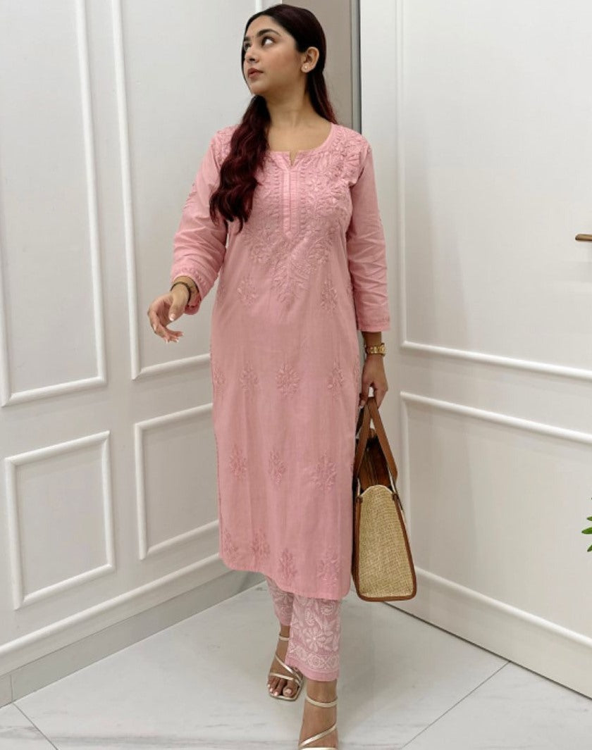 Peach rayon thread work kurti with pant