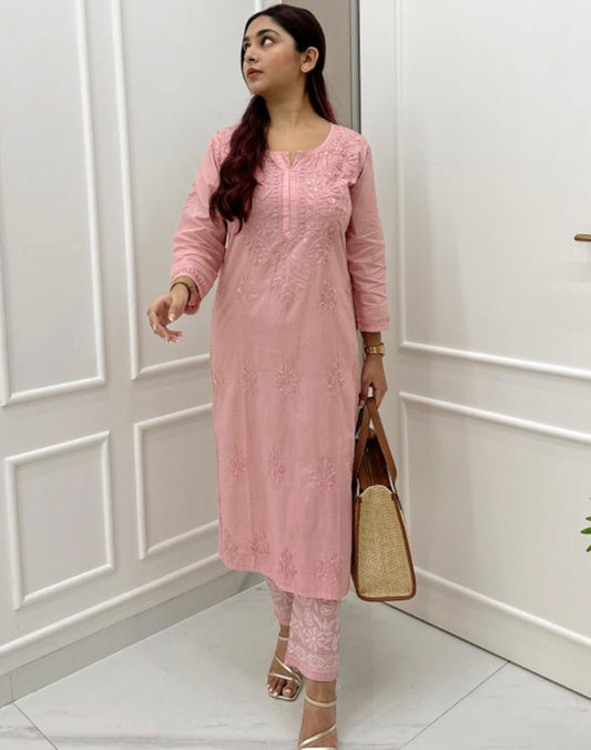 Peach rayon thread work kurti with pant