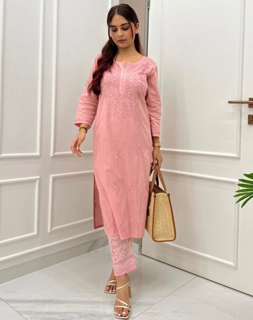 Peach rayon thread work kurti with pant