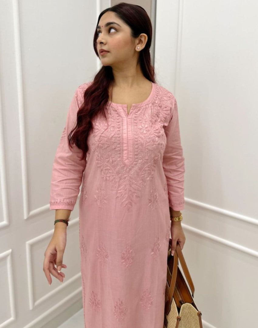 Peach rayon thread work kurti with pant