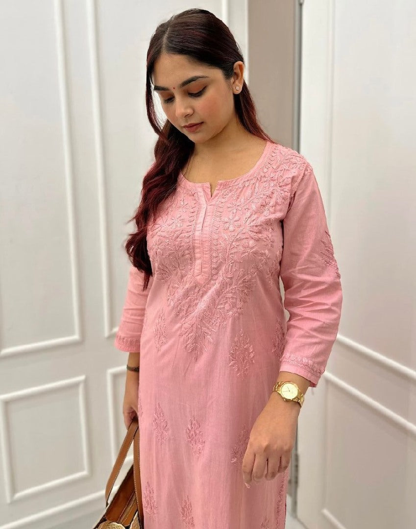 Peach rayon thread work kurti with pant