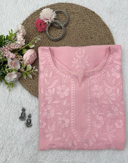 Peach rayon thread work kurti with pant