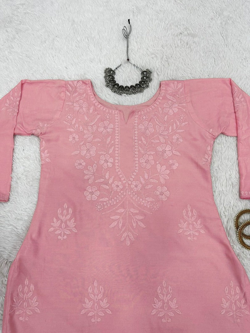 Peach rayon thread work kurti with pant