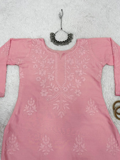 Peach rayon thread work kurti with pant