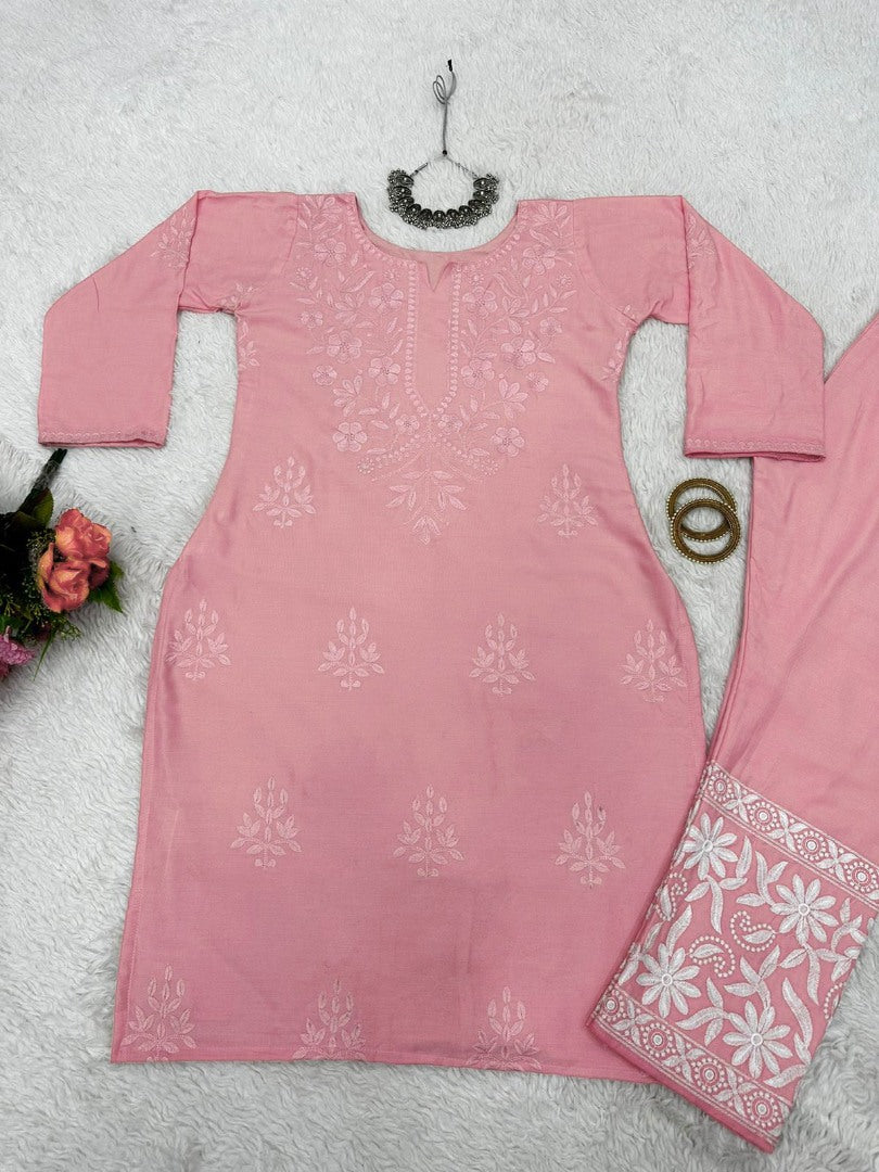 Peach rayon thread work kurti with pant