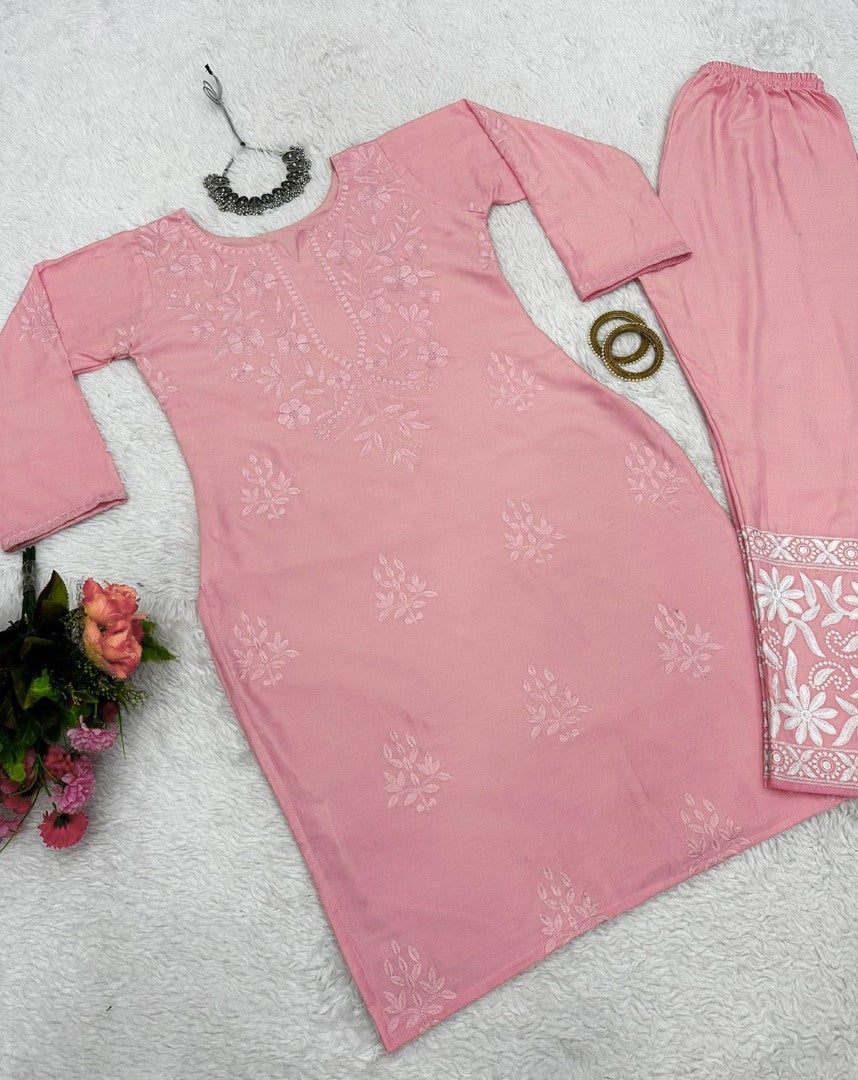 Peach rayon thread work kurti with pant