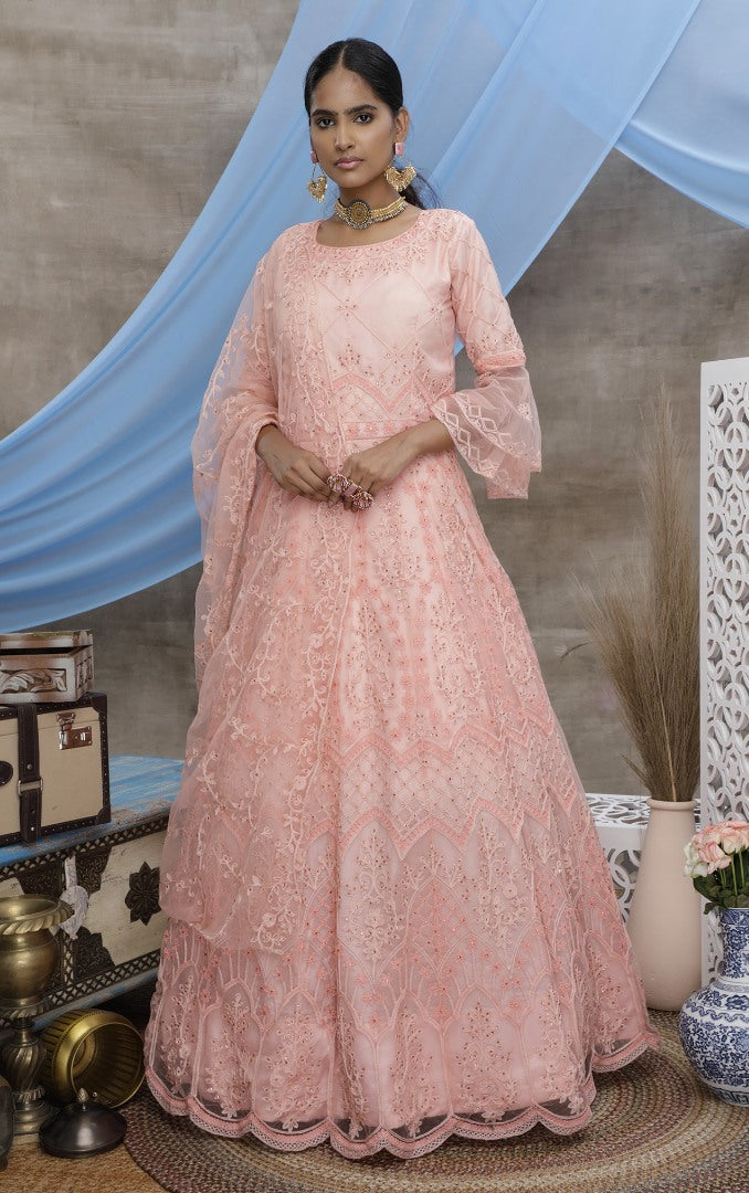 Peach santoon embroidered party wear lehenga gown
