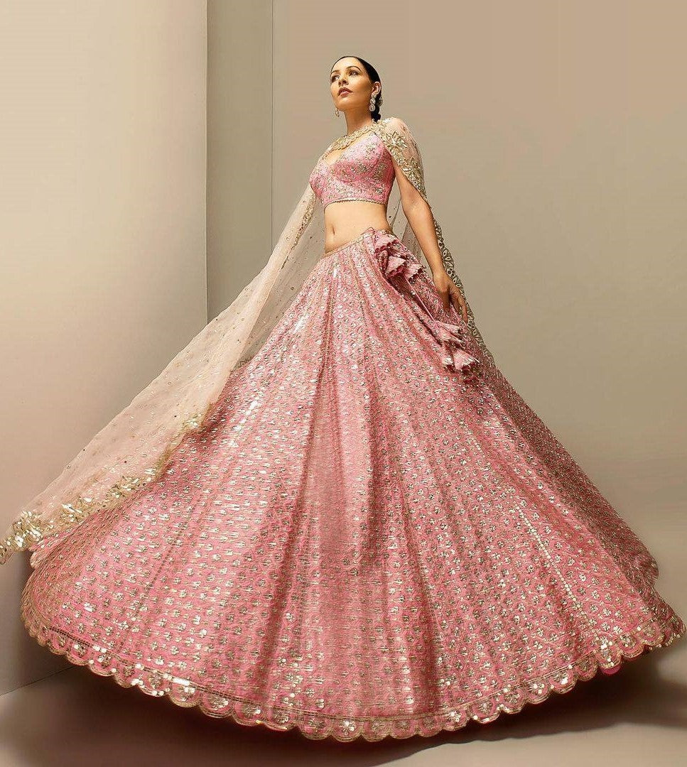 Peach satin silk heavy dori sequence work designer wedding lehenga choli