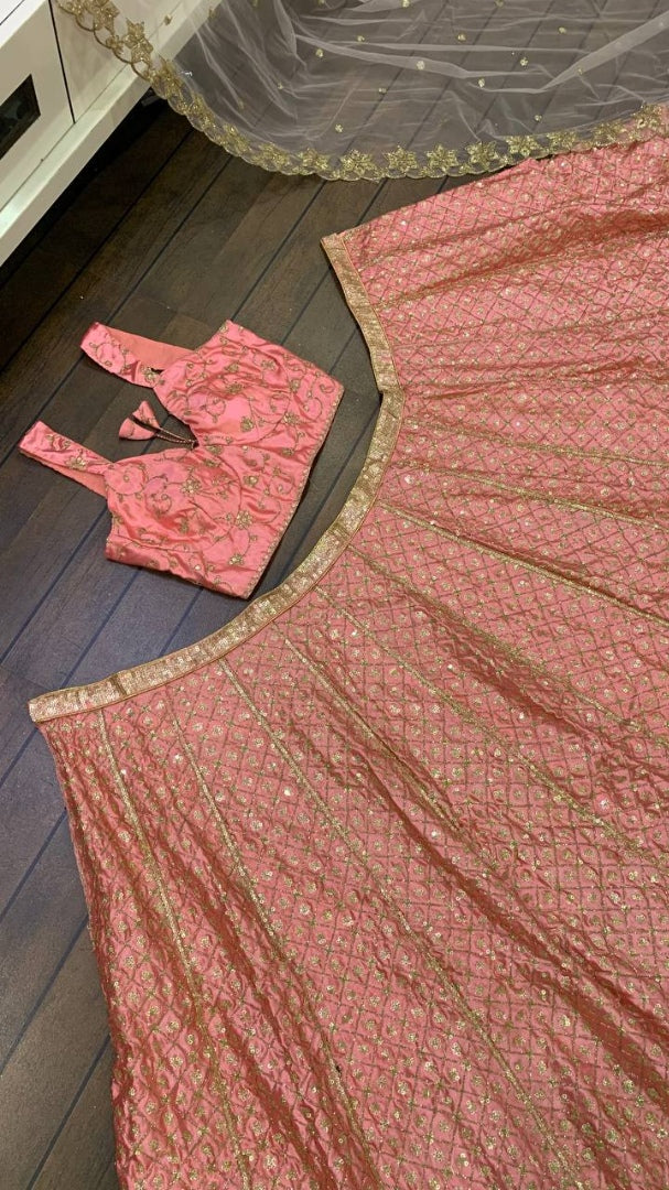 Peach satin silk heavy dori sequence work designer wedding lehenga choli