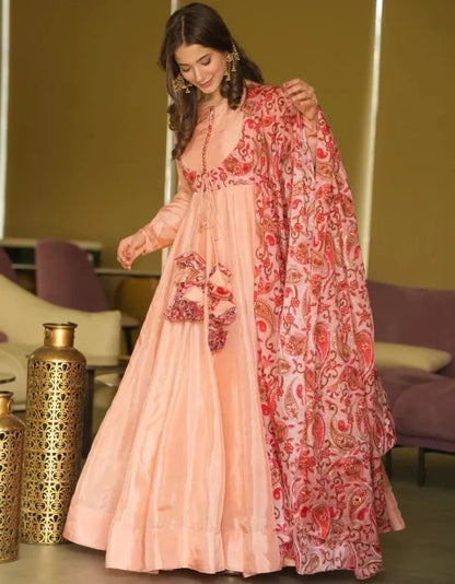 Peach satin silk long ethnic gown