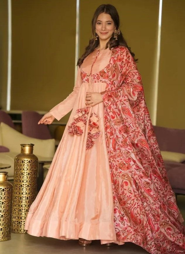 Peach satin silk long ethnic gown