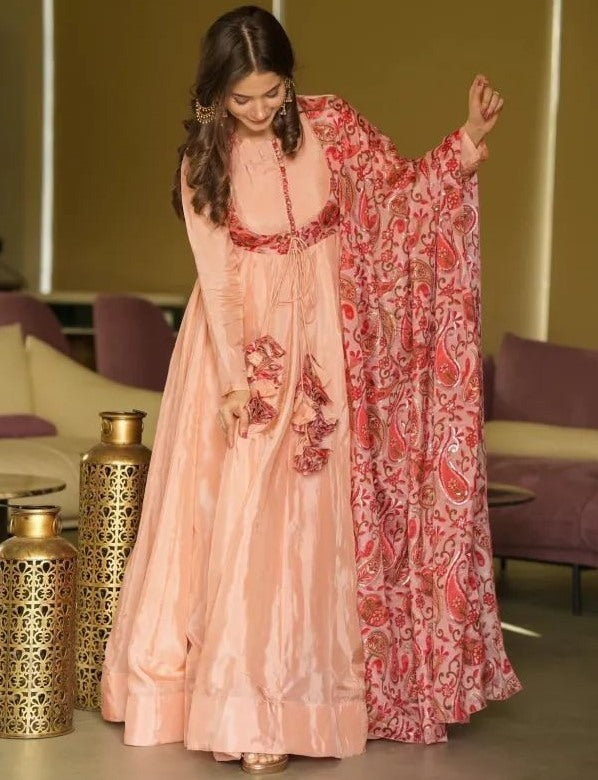 Peach satin silk long ethnic gown