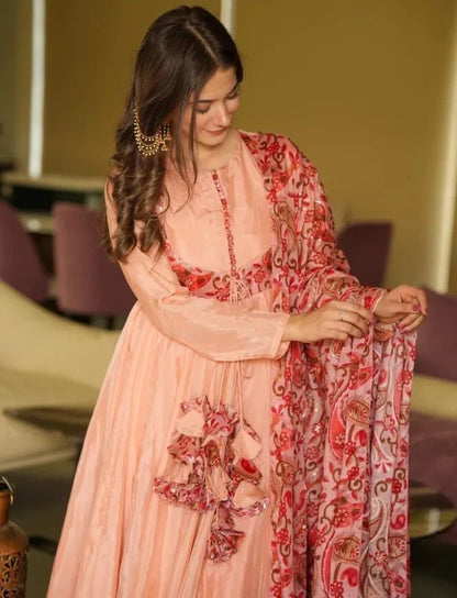 Peach satin silk long ethnic gown