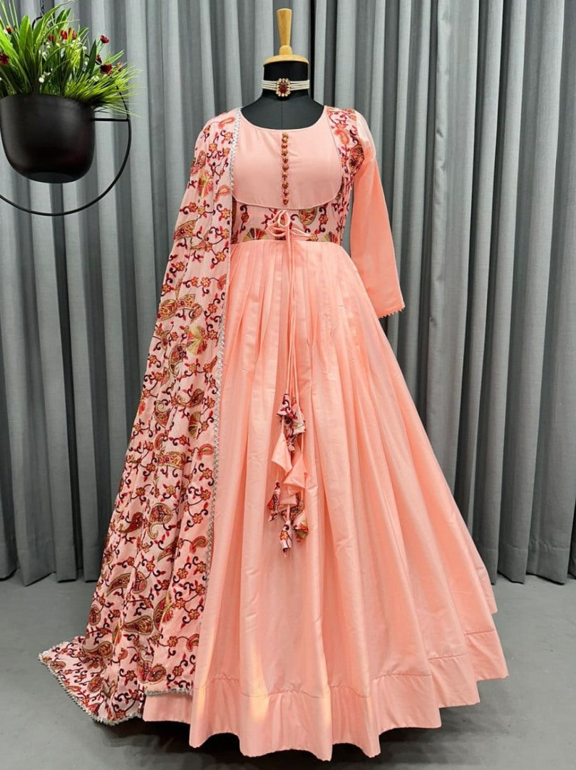 Peach satin silk long ethnic gown