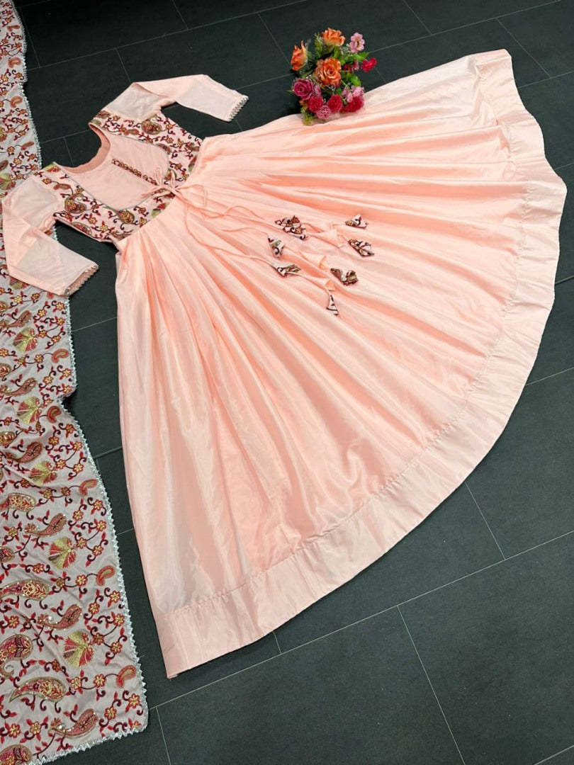 Peach satin silk long ethnic gown