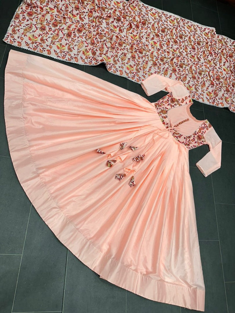 Peach satin silk long ethnic gown