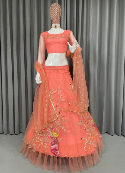 Peach soft net designer embroidered lehenga choli for wedding