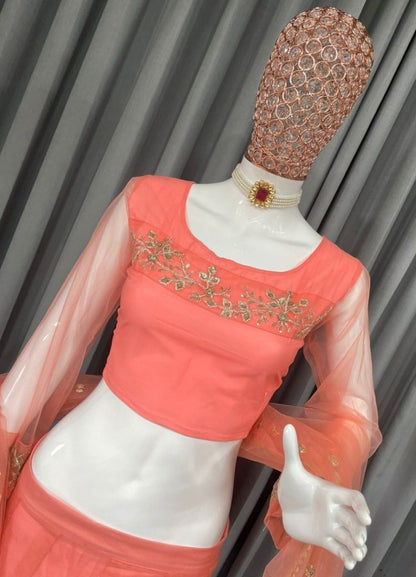 Peach soft net designer embroidered lehenga choli for wedding