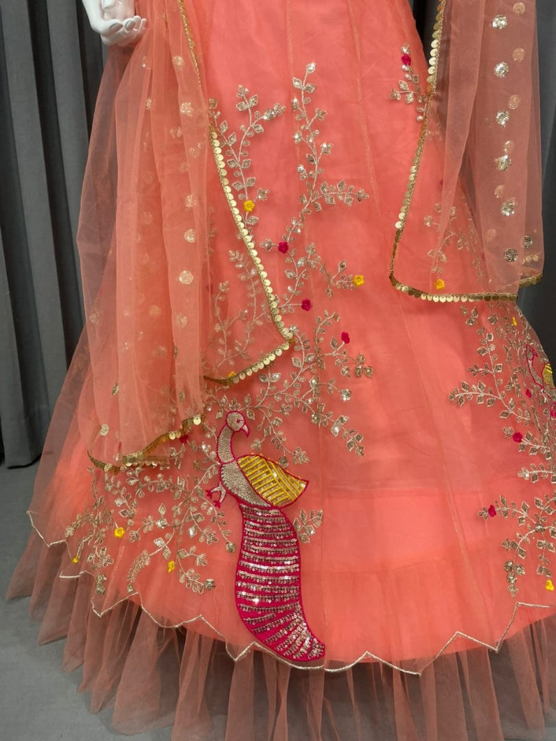 Peach soft net designer embroidered lehenga choli for wedding