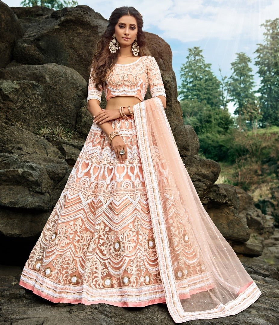 Peach soft net sequence and thread work bridal lehenga choli